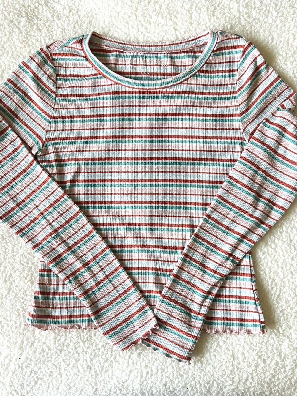 Aero Striped Ribbed Shrunken Tee Long Sleeve Top - Teal, Rust & Cream- L